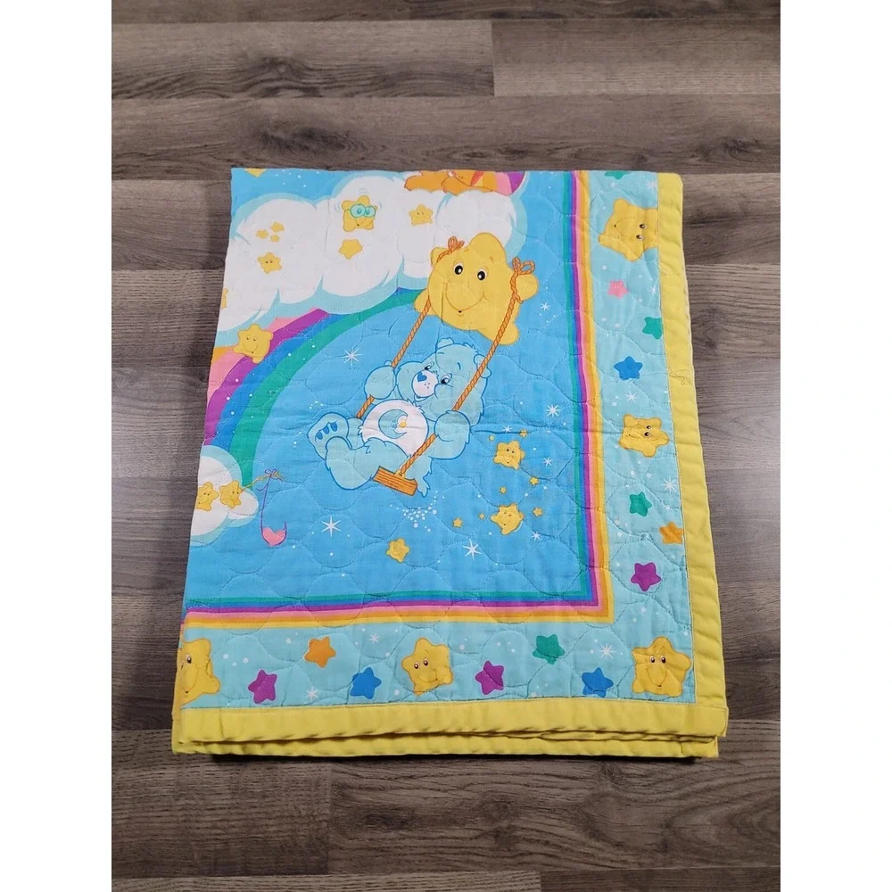 Vintage Care Bears Baby Blanket Crib Quilt Rainbow Trail Yellow Trim 41x33 Throw